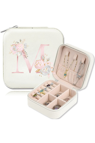 Choice18 MFQ-4---M White Floral Print Portable Travel Mini Jewelry Box Leathe...