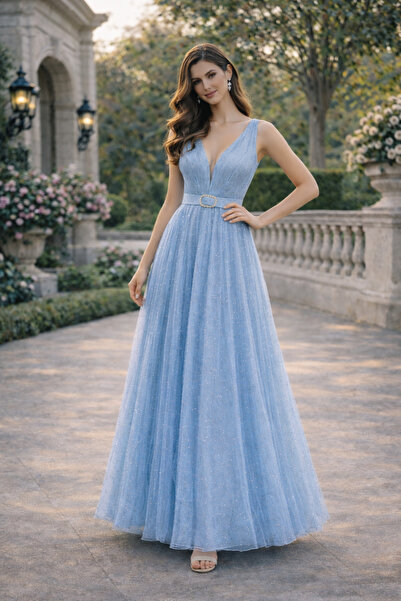 Divin store Κομψό γαλάζιο φόρεμα από οργαντίνα με πουά.