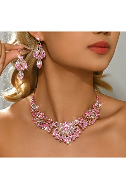 Choice4 80834414-Pink 3 pieces of high-end design necklace earrings two-piece...
