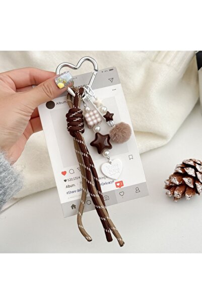 Choice4 Brown Trendy Heart Plush Ball Keychain with Square Star Bead Pendant ...