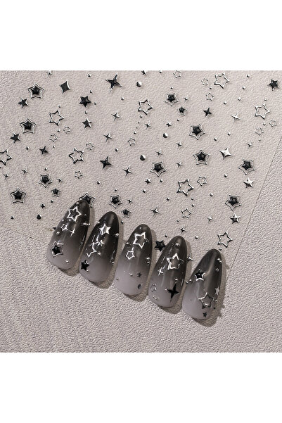 Choice1 NK-M-552 1Pc 5D Relief Silver Black Star Nail Art Sticker Gilding Hol...