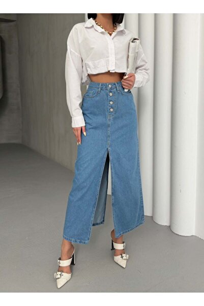 1434 Polo State Γυναικεία μίντι τζιν φούστα με ψηλόμεσο σκίσιμο και κουμπιά, ...