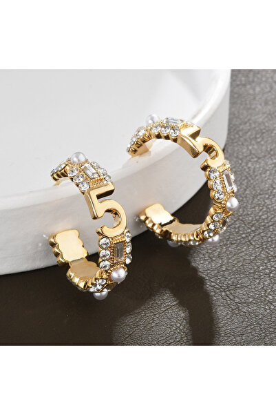 Choice Gold-color Small Fragrant Style Diamond Studded Number 5 Light Luxury ...