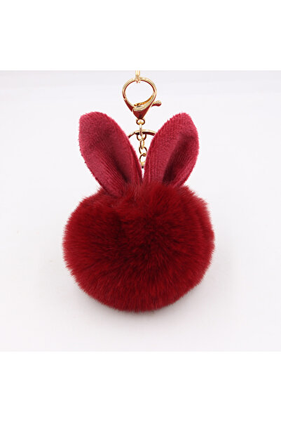 Choice1 wine red Furry Rabbit Ear Furry Ball Keychain Cute Rabbit Ear Plush P...
