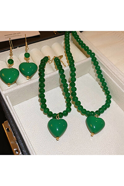 Choice1 3Pcs Green Set Natural Stone Necklaces Earrings Bracelet Set Green Pi...