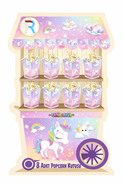 Dizayn Parti Evi DZYN Unicorn Temalı 8 Adet Popcorn Kutusu Doğum Günü Parti S...