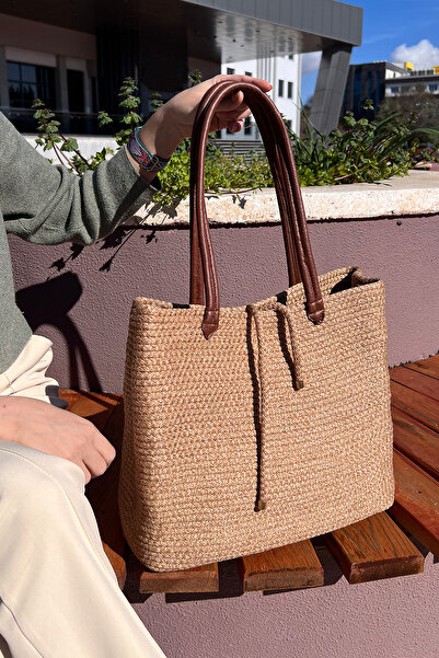 KAAN HOME Μπεζ καφέ υφασμάτινη τσάντα παραλίας και πισίνας με ψάθινη εμφάνιση...