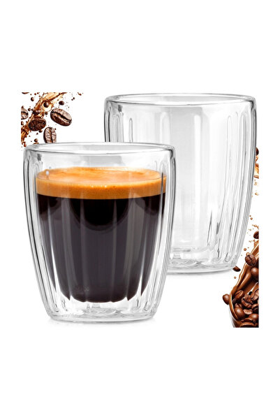 Excellent Houseware Σετ 2 ποτηριών εσπρέσο με ραβδώσεις, διπλού τοιχώματος, γ...