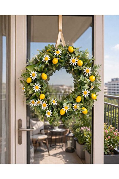 ecrella Limonlu Papatya Kapı Süsü – Dekoratif Çelenk Balkon & Kapı Süsü 35 cm