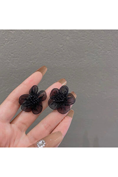 Choice black Dreamy Black Yarn Fabric Beaded Flower Stud Earrings Women Tempe...