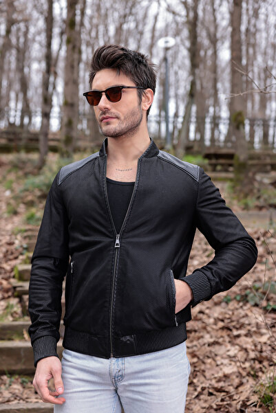 Metins Leather Erkek Süet Baskı Hakiki Deri Mont - Karo Baskı, Beli Lastikli ...