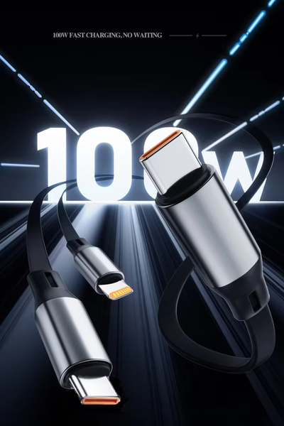 Mobilite 100W PD 3in2 Makaralı Şarj Kablosu Hızlı Şarj ve Data Kablosu USB Type-C Lightning