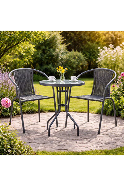 Selgot Set mobilier de grădină, tip bistro, masă + 2 scaune, ratan, culoare gri