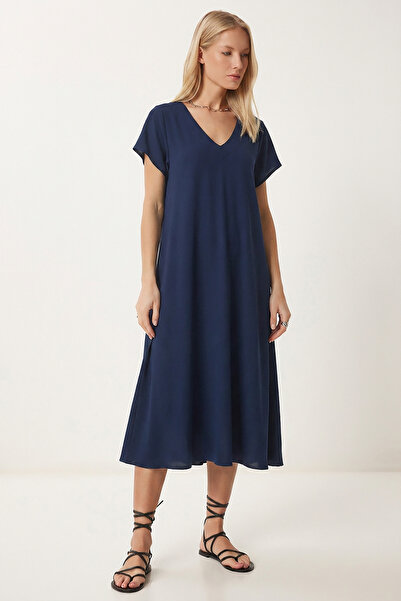 Lovelyİstanbul Καλοκαιρινό φόρεμα με λαιμόκοψη V και ντραπέ βισκόζη LEN0022 Σ...