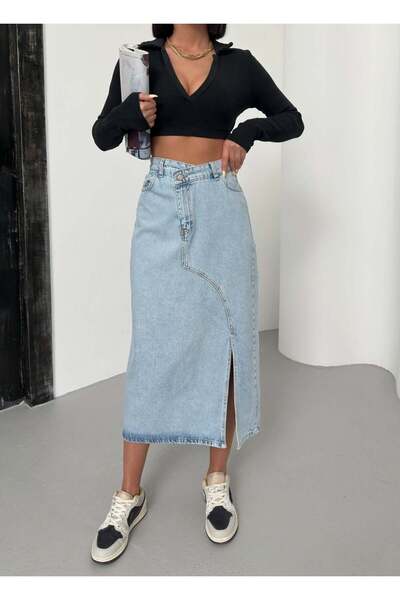 1434 Polo State Γυναικεία ανοιχτό μπλε ψηλόμεση ασύμμετρη φούστα τζιν μίντι μ...