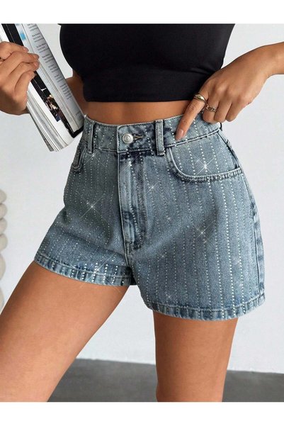 connemara Women's High Waist Stone Detailed Blue Denim Shorts Shiny Look Stylish Jean Shorts
