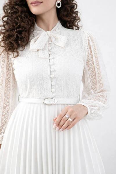 Esinty Γυναικείο φόρεμα με μανίκια μπαλόνι, δεμένο στο λαιμό, με κουμπιά, πλι...