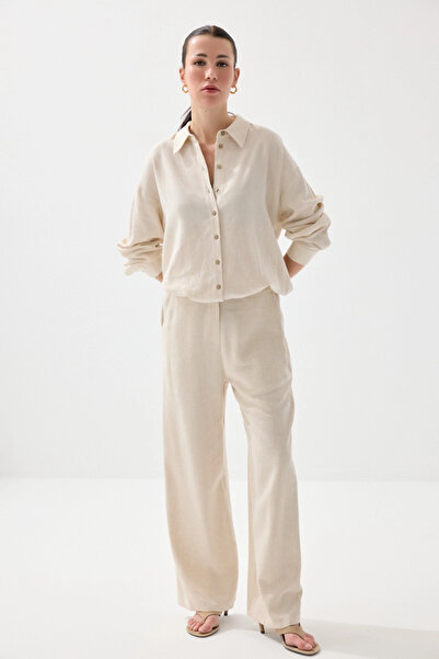 Gusto Wide Leg Linen Trousers - Beige