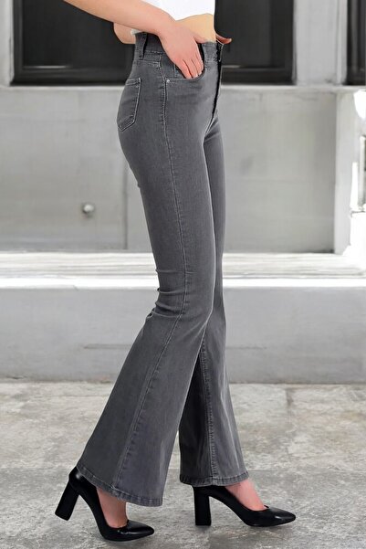 byhaziran butik Γυναικείο γκρι τζιν ισπανικό τζιν με ελαστική μέση και λύκρα