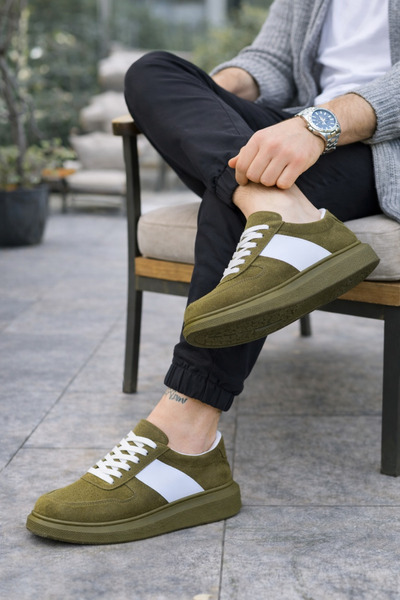 pabucmarketi Khaki Suede White Detailed Lace-Up Men's Casual Shoes
