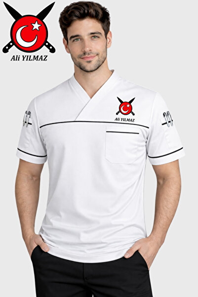 Üniformanya Λευκό κοντομάνικο μπουφάν μάγειρα με κέντημα τουρκικής σημαίας κα...