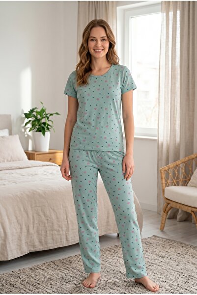 MORRO Γυναικείο σετ πιτζάμες με κοντό μανίκι, πράσινο μέντα, πουά, μονόχρωμο,...