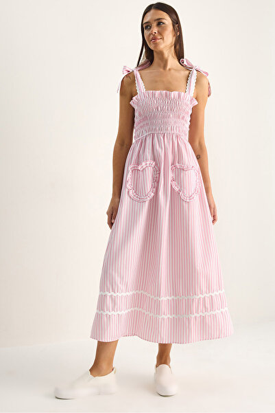 Bianco Lucci Γυναικείο ριγέ φόρεμα μίντι με λεπτομέρεια στο στήθος, δετό με λ...