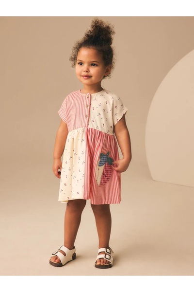 Next Baby %100 Pamuk Patchwork Çilek Desenli Jersey Elbise