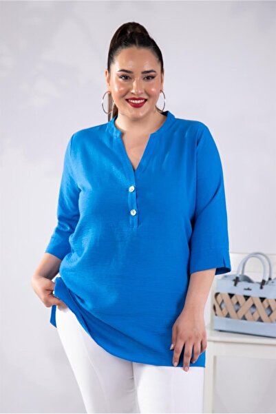 Roxxlen Γυναικεία μπλούζα με κουμπιά και υψηλό γιακά σε μεγάλο μέγεθος
