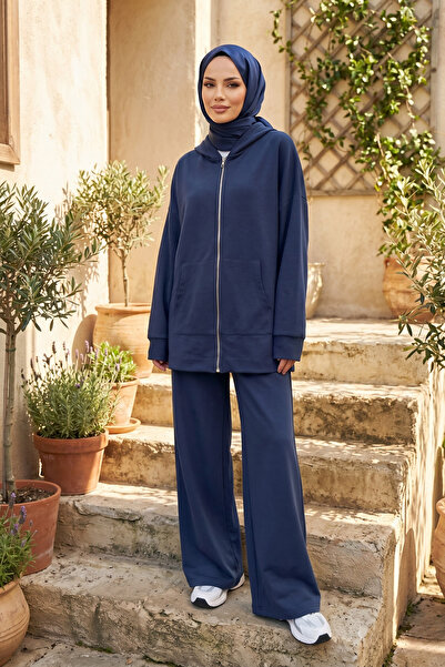 Zeneva Collection Navy Blue Hooded Zippered Hijab Plain Set 5400