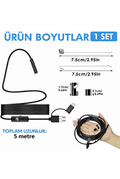 electroawm 5 Metre Endoskop Kamera Su Geçirmez LED Işıklı Boroskop Yılan Kamera Android Uyumlu Micro+USB+Type-C