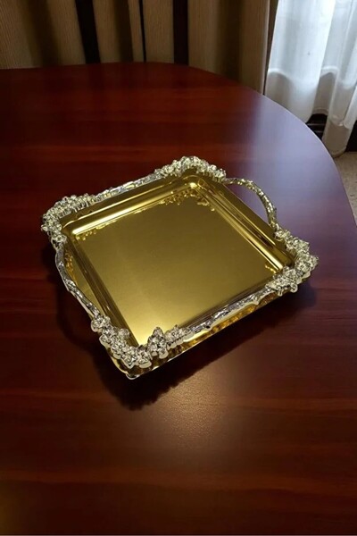 Simply Now Gold Ayaklı Gümüş Aksesuarlı Sunum Kahve Söz Nişan Tepsisi 23x23 cm