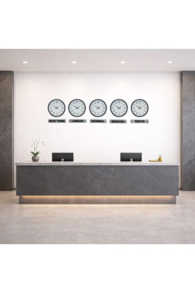 Hobibahçem Elegant Gray 36 cm World Clock Set with 5 Tables