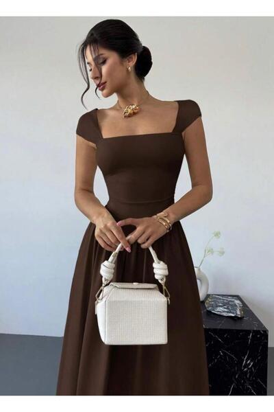 MEGOMEL Γυναικείο φόρεμα μίντι με τετράγωνο γιακά, κομψό καθημερινό και επίση...