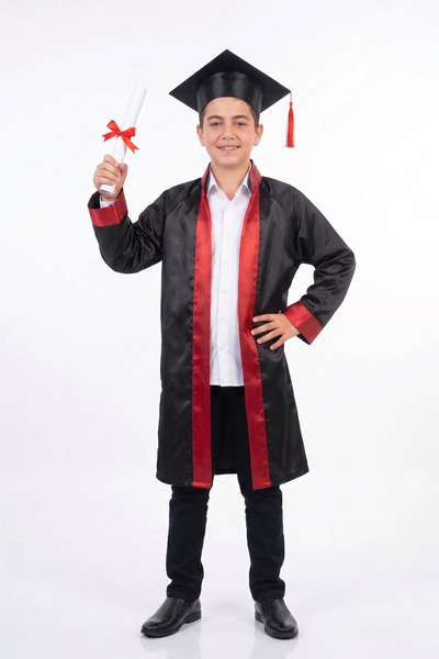 nacar çarşı Παιδικό Σετ Κοστούμι Αποφοίτησης Μαύρο με Κόκκινες Ρίγες και Καπέ...