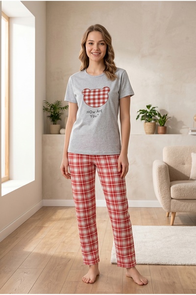 MORRO Γυναικείο σετ πιτζάμες με κοντό μανίκι Γκρι Hearted How Are You Σετ οικ...