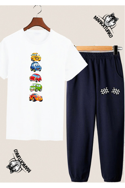 MarkaTurko Cars Custom Design White Tshirt-Dark Blue Sweatshirt Combination