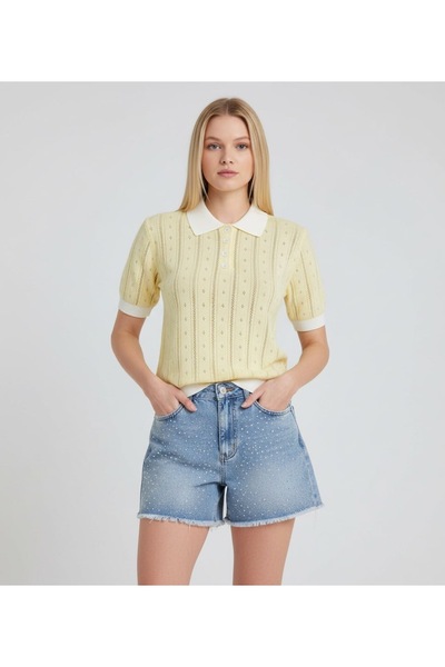 Arbucky Women's Polo Neck Openwork Knitwear Blouse