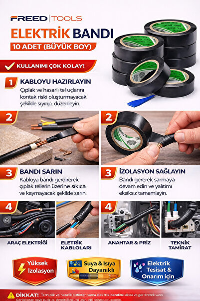 FREED TOOLS İzole Pvc Elektrikçi Elektirik Kablo Bandı Siyah Renk Bant Bandı ...
