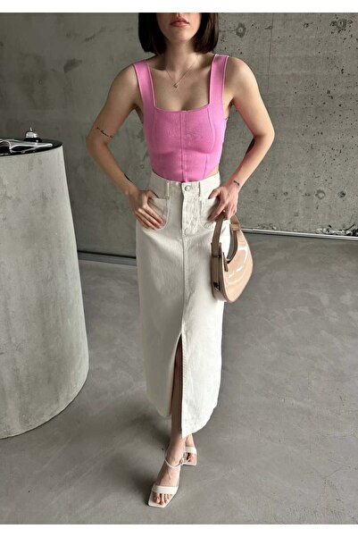 1434 Polo State Γυναικεία λευκή ψηλόμεση μίντι φούστα με σκίσιμο