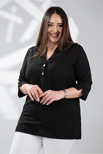 Roxxlen Γυναικεία μπλούζα με κουμπιά και υψηλό γιακά σε μεγάλο μέγεθος