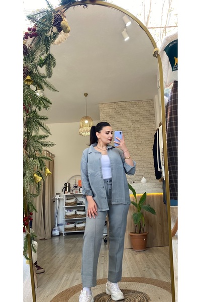 Kadın Antrasit Keten Görünümlü Oversize Gömlek ve Pantolon İkili Takım