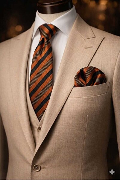 vavazel Men's Striped Tan Black Tie Handkerchief