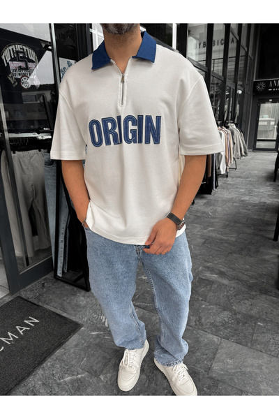 BYBASICMAN Тениска с дънкова яка с кръпки White Origin RES-1095