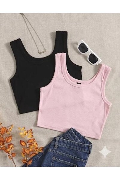 MİLYA&GYM Women's 2-Piece Cotton Camisole Ribbed Fabric Thick Strap Square Ne...