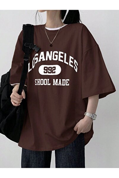 Toum Los Angeles Printed Unisex Oversize Brown T-Shirt