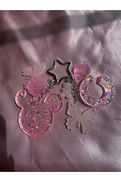 C Harfli PİNK Mickey Mouse Yıldız Silver halka Epoxy charm anahtarlık