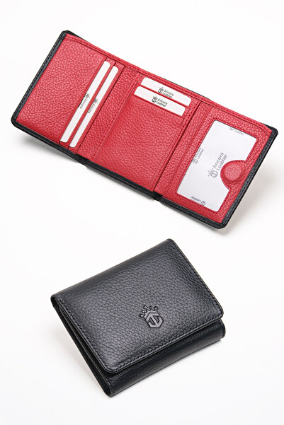 Ancora Leather Hakiki Deri Gizli Mıknatıslı Ünisex Cüzdan-46200-Siyah Kırmızı