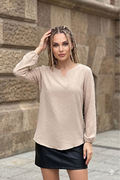 Pasaklı Giyim Γυναικεία Μπεζ Μπλούζα Τουνίκ με Πομπόν, Ελαστικό Μανίκι, Οβάλ ...
