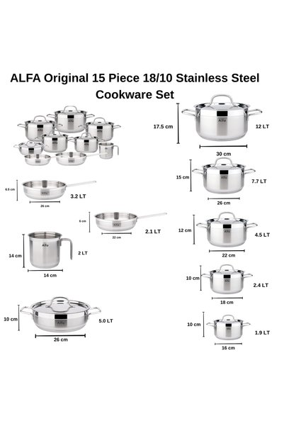 Alfa Original 15 Piece 18/10 Stainless Steel Cookware Set Triplex Capsule Base Induction Compatible